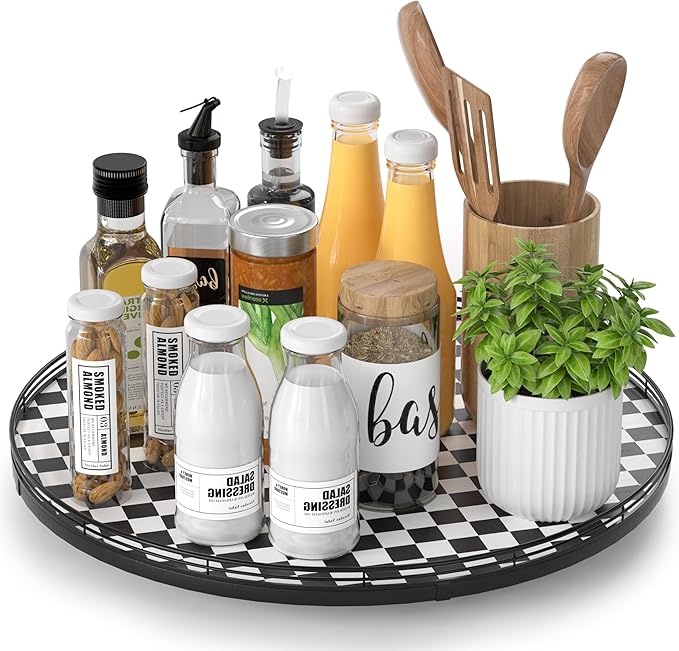 16" Black and White Kitchen Lazy Susan Turntable, Round Checkered Decorative Tray, Large Lazy Susan for Dining Table Centerpiece, Pantry, Kitchen, Bathroom, Countertop, Cupboard, Home Decor