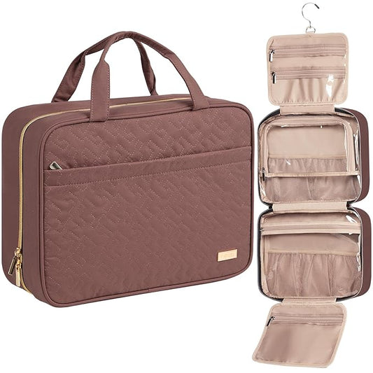 NISHEL Travel Toiletry Bag for women, Portable Hanging Organizer for Family-Sized Shampoo, Conditioner, Brushes Set, Makeup Accessories, Extra Large Size, Rosewood-Pink