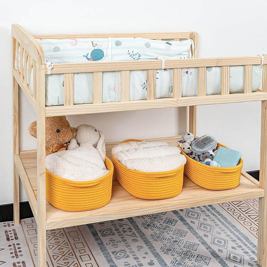 CubesLand Small Cotton Rope Storage Basket Set 5, Shelves Baskets for Organizing with Handle, Decorative Closet Storage Bins for Countertop Toilet Paper Basket for Toilet Tank Top,Yellow Basket