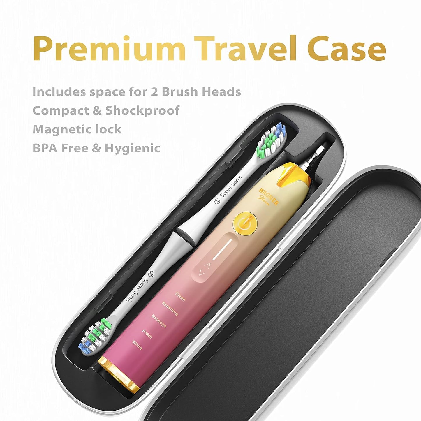 Wagner Stern Ultrasonic whitening Toothbrush with Pressure Sensor. 5 Brushing Modes and 4 Levels of Intensity, 8 Soft bristles, Travel case.