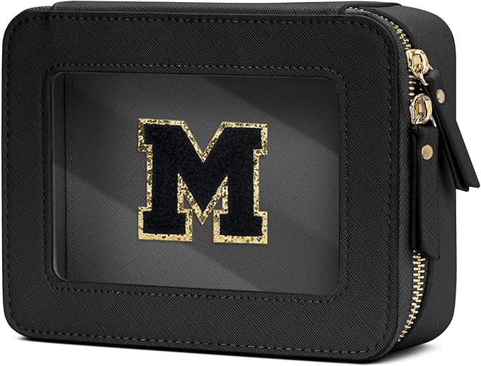 Initial Travel Toiletry Bag - Cosmetic Bags for Girls with Zipper, Clear & Potable Makeup Bag for Travel, Cosmetic Pouch Perfect Gifts for Graduation (Black, M)