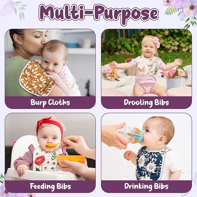 Zainpe 6Pcs Snap Muslin Cotton Baby Bibs Flower Pattern Infants Drooling Bib Soft Absorbent Adjustable Burp Cloths Feeding Cloth for Unisex Newborns Girls Boys Toddlers Teething Eating 0 to 36 Months