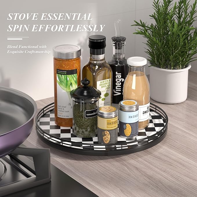 Black and White Kitchen Lazy Susan Turntable – Checkered Round Decorative Tray, 13” Table Top Oak Wood Lazy Susan for Cookies, Dining Table Organizer, Small Kitchen Table Centerpiece