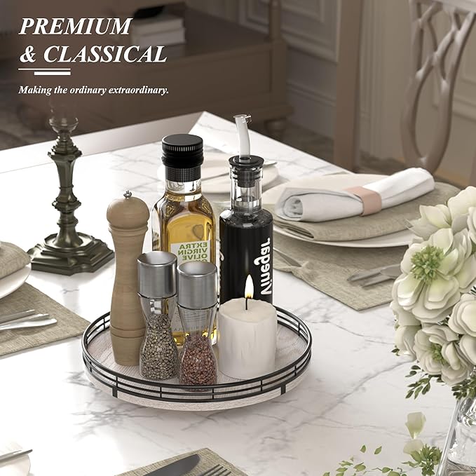 10" Oak Bathroom Vanity Tray Turntable for Perfume Candle, Round Wooden Decorative Tray for Kitchen Sink Countertop Organizer, Bathroom Counter Organizer for Skincare Makeup, Rustic Whitewased