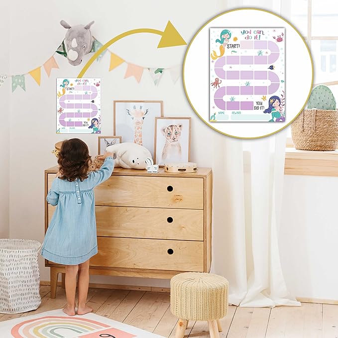10 Mermaid Reward Chart with 216 Round Stickers, Incentive Behavior Chart for Kids at Home Classroom, Kids Routine Daily Chore Sticker Chart-A11