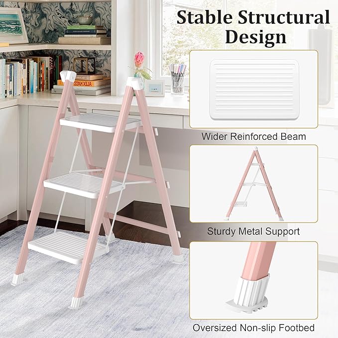 3 Step Ladder, Folding Step Stool with Anti-Slip Wide Pedal, Anti-Slip Feet, Sturdiest Steel Construction, Steel Ladder for Home and Office, Pink White