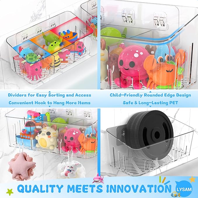 Lysam Bath Toy Storage 2 Packs, Large Bath Toy Holder with 3 Compartment, Quick Dry Bathtub Toy Organizer, Bath Tub Toy Net, Shower Toy Basket & Bin, Bathroom Accessories for Baby,Toddler,Kids（Clear）