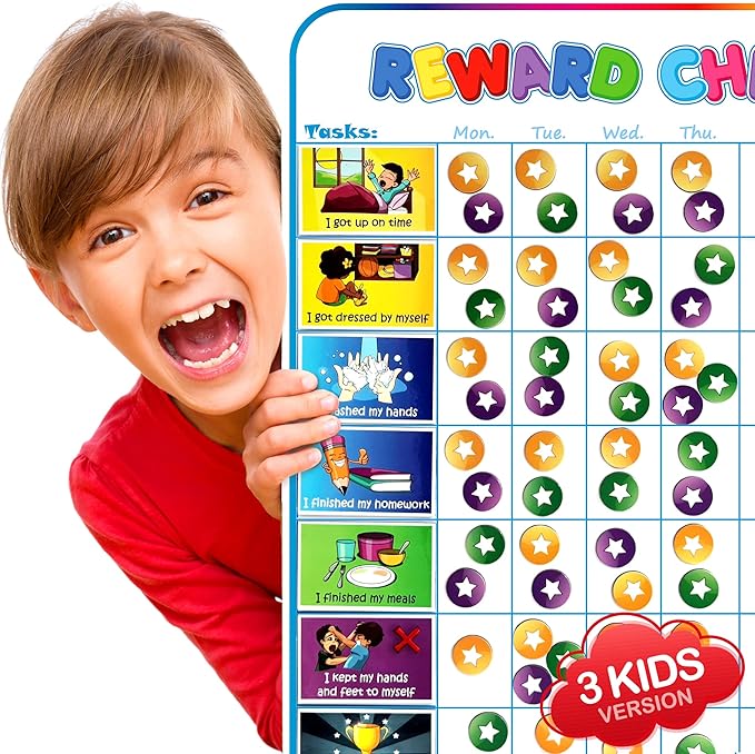Large Magnetic Reward Chart for Multiple Kids (1-3 Kids) - 127 Pre-Written Stickers (Including Potty Training) + 30 Custom Chores - Behavior, Responsibility & Incentive Star Chart for Your Fridge