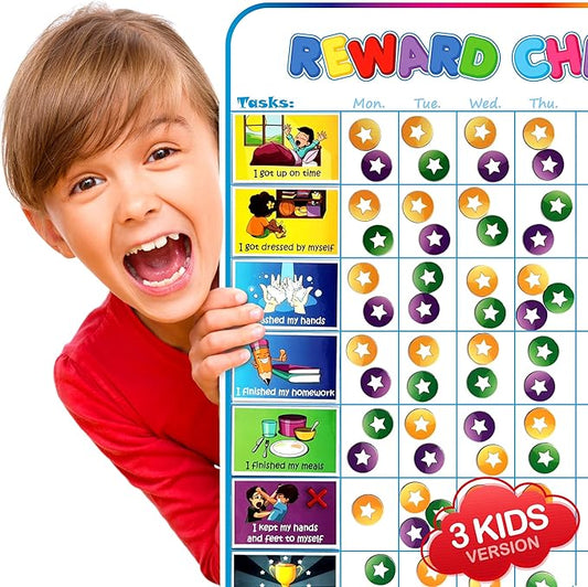 Large Magnetic Reward Chart for Multiple Kids (1-3 Kids) - 127 Pre-Written Stickers (Including Potty Training) + 30 Custom Chores - Behavior, Responsibility & Incentive Star Chart for Your Fridge
