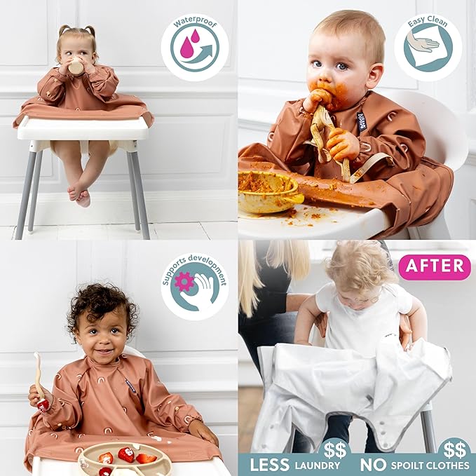 BIBaDO - Long Sleeve Baby Bibs - Babies & Toddlers 6-36 Months - Coverall Baby Led Weaning Bib - Easy Wipe, Soft & Waterproof
