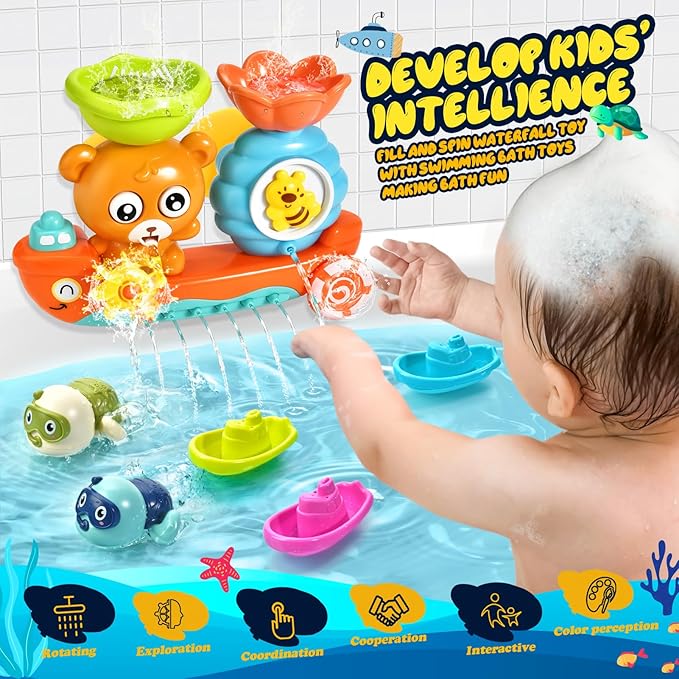 Baby Bath Toys Toddlers 1-3 Bear Kids Bath Tub Toys with 2 Turtle Swimming Wind up Water Toys & 3 Floating Boat Bathtub Toys for Infants Boys Girls 18+ Months Gifts Box Set