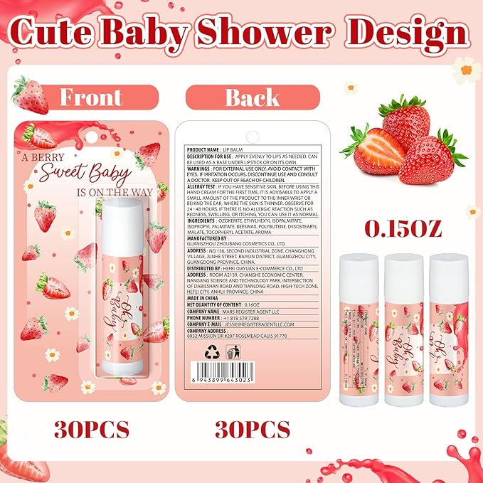 30 Pack Christmas Sweet Strawberry Baby Shower Games Prizes Party Gifts Bulk Lip Balms Favors for Winners Adults Guests Gender Reveal Favors Decorations Baby Shower Souvenirs Stocking Stuffers