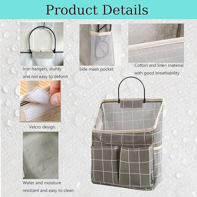 2pcs Wall Hanging Storage Bag,Wall Hanging Organizer Bags with Pockets, Wall Organizer Storage for Dormitory Bathroom Bedroom Kitchen(Grey Grid)