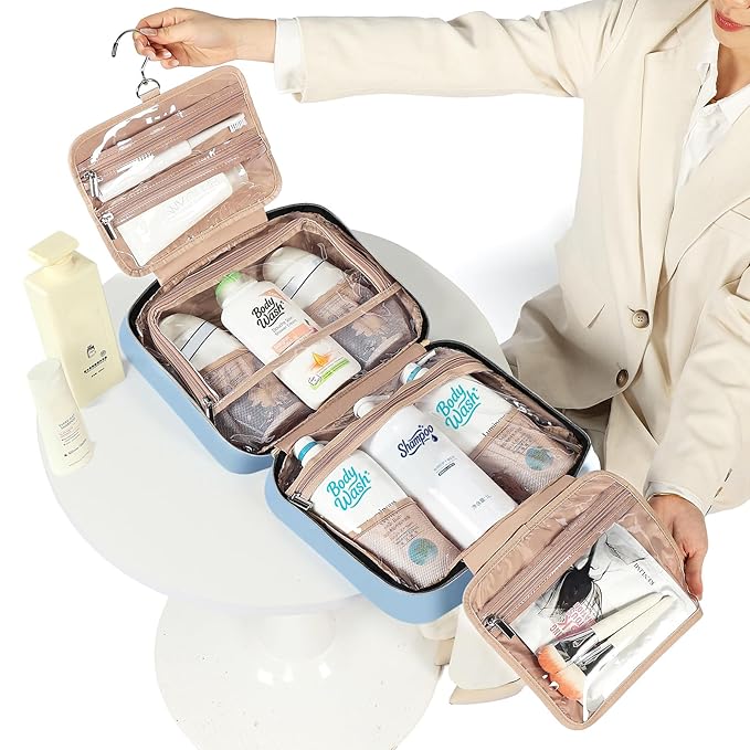 NISHEL Travel Toiletry Bag for women, Portable Hanging Organizer for Family-Sized Shampoo, Conditioner, Brushes Set, Makeup Accessories, Extra Large Size, Placid-Blue