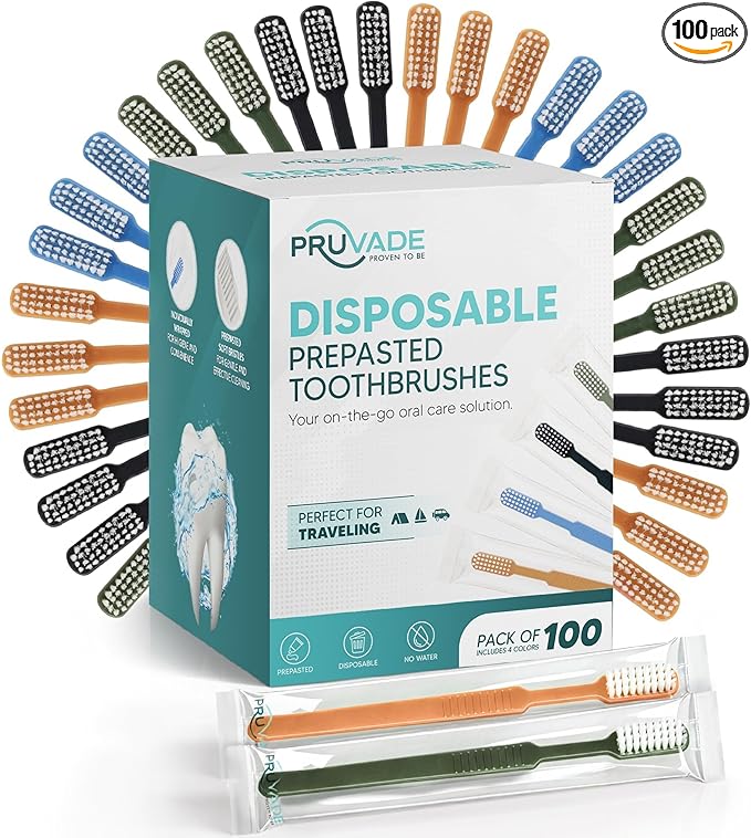 100 Pack Disposable Toothbrushes with Toothpaste, Built in - Prepasted Toothbrushes Individually Wrapped |Single Use Waterless Tooth Brush with Soft Bristles for Hotel, Camping, Travel