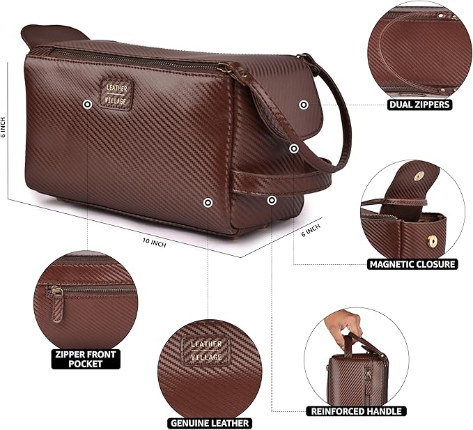 LEATHER VILLAGE Premium Carbon Fiber Genuine Leather Travel Toiletry Bag - Large Compact Dopp Kit, Water-Resistance Shaving & Cosmetic Organizer for Men & Women - Brown