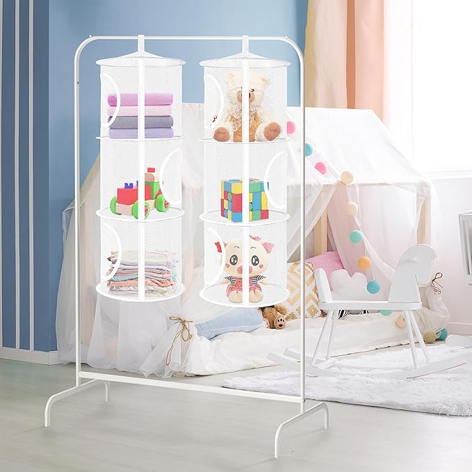 Libeder Mesh Hanging Storage Space Saver Bags Organizer,Foldable Storage Organizer 3 Compartments Toy Storage Basket for Kids Room Bathroom 2 Sets, White