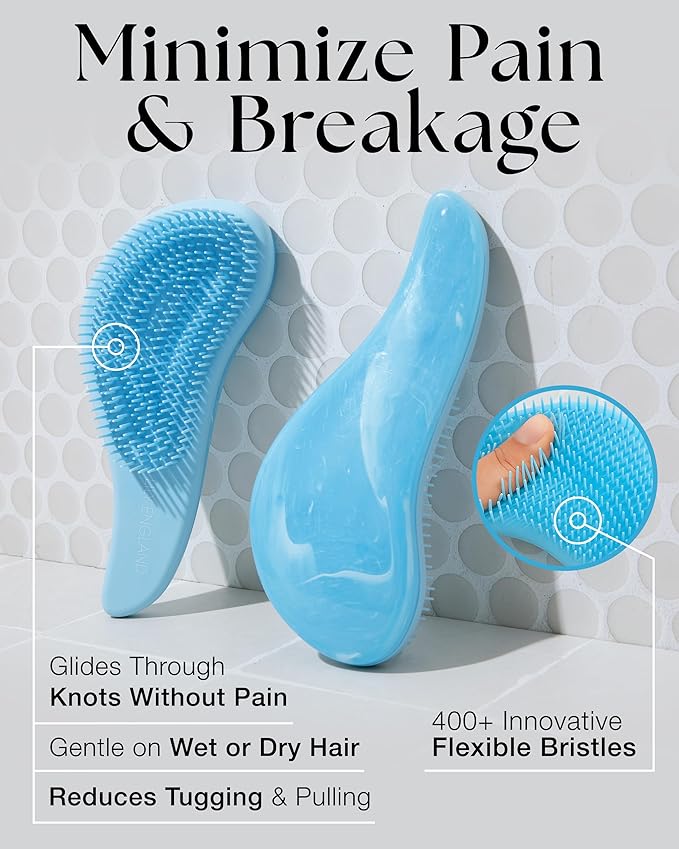 Lily England Detangler Hair Brush for Curly, Thick, Straight & Natural Hair - Gentle Detangling Brush for Women, Kids & Toddlers with Flexible Bristles - Smooth Hairbrush for Wet & Dry Hair, Sky-Blue