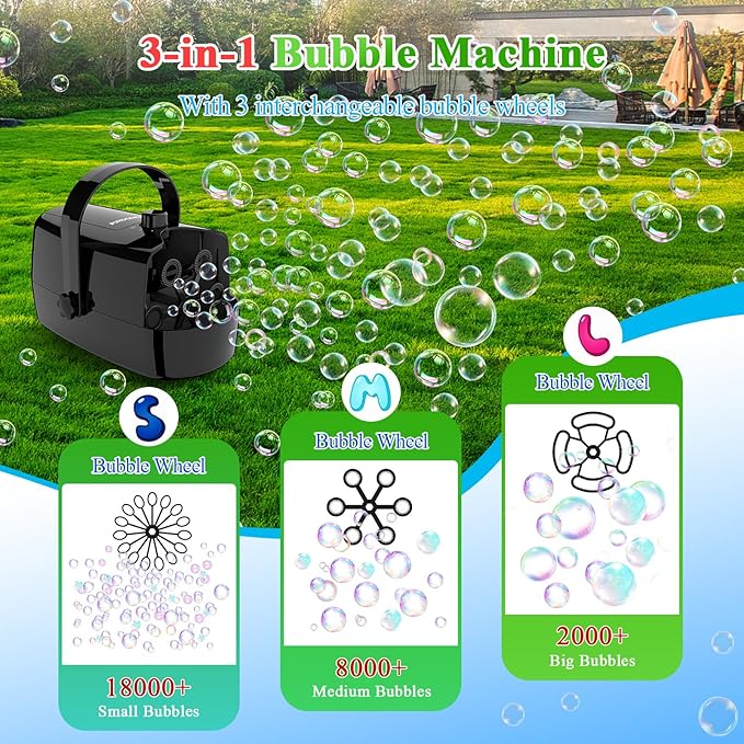 Bubble Machine, 3-in-1 Bubble Maker, Automatic Bubble Blower with 3 Bubble Wands, 8000+ Colorful Bubbles for Kids Toddlers, Operated by Plug-in or Batteries for Indoor Outdoor Birthday Party