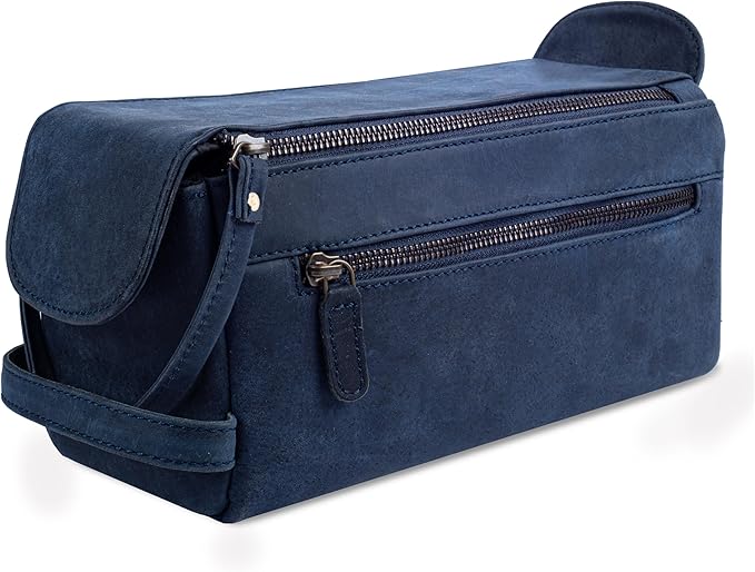LEATHER VILLAGE Premium Leather Travel Toiletry Bag - Unisex Water-Resistant Travel Bag for Toiletries, Shaving & Cosmetic Organizer for Men & Women - Compact Bathroom Essentials - Royal Blue