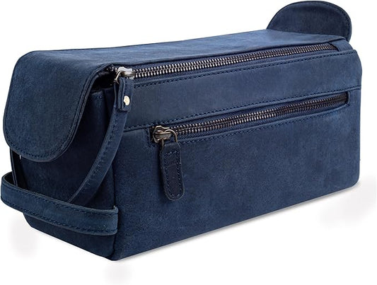 LEATHER VILLAGE Premium Leather Travel Toiletry Bag - Unisex Water-Resistant Travel Bag for Toiletries, Shaving & Cosmetic Organizer for Men & Women - Compact Bathroom Essentials - Royal Blue