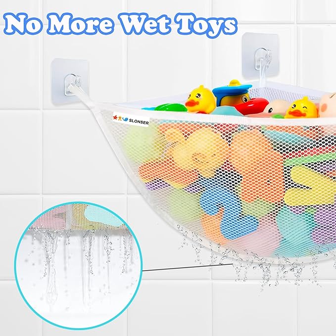 Bath Toy Holder Corner, Kids Bath Toy Net for Tub, Bathtub Holder Basket, Storage Bin Hammock Organizer, Shower Caddy Hanging Mesh Bag, Baby Bathroom Storage with 3 Suction Cups 3 Adhesive Wall Hooks
