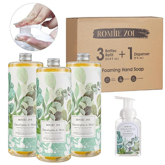 ROMIIE ZOI Eucalyptus & Mint Foaming Hand Soap Refills with Reusable Pump Dispenser - Natural & Cruelty-Free, Gentle & Moisturizing - Large Bottle Bulk for Home & Kitchen-1L/33.8oz (Pack of 3)