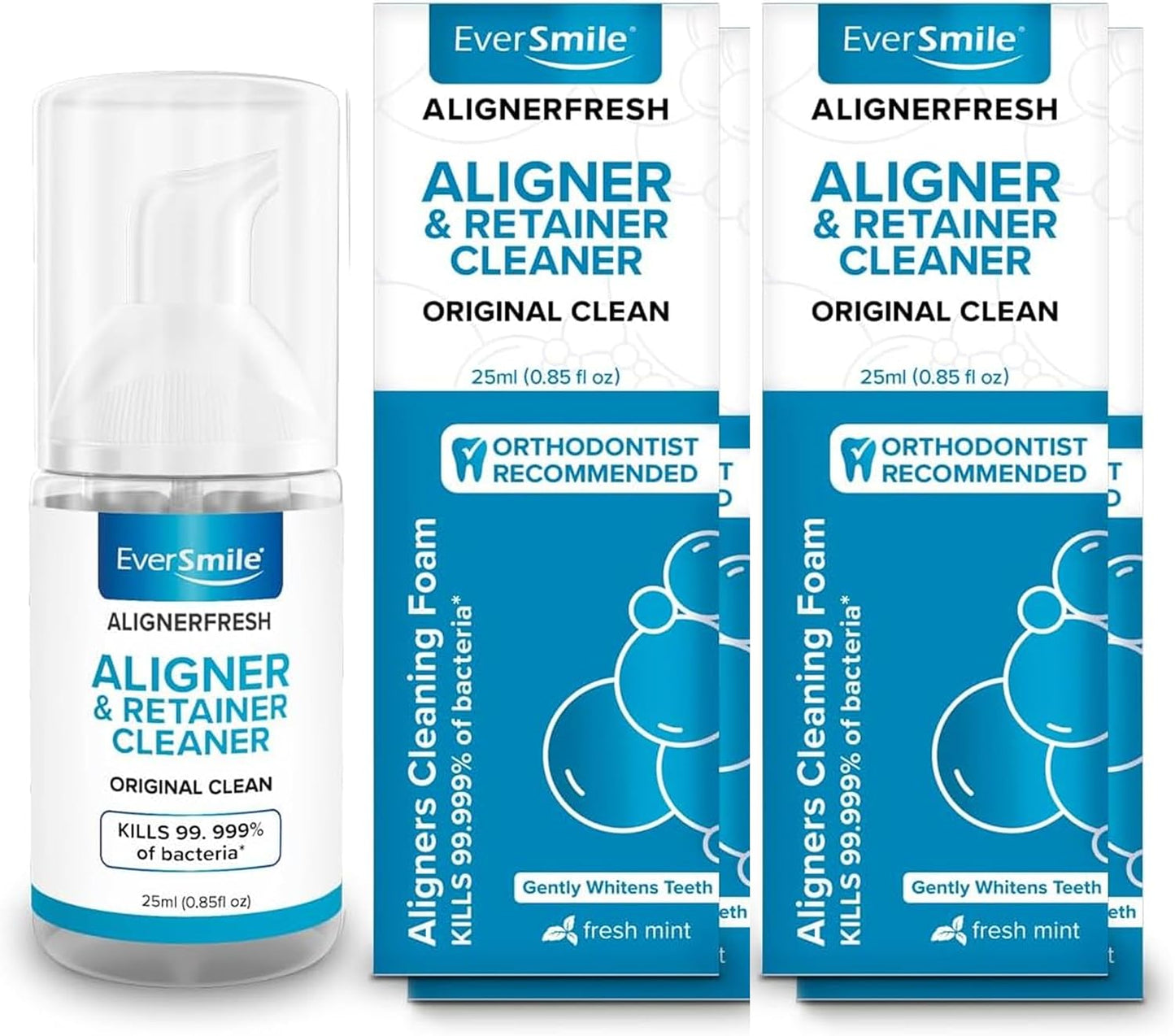 EverSmile AlignerFresh Original Clean Foam – Cleaner Compatible w/Invisalign and All Clear Aligners & Retainers – Eliminates Bacteria, Whitens Teeth, Fights Bad Breath – 25ml (4 Pack)