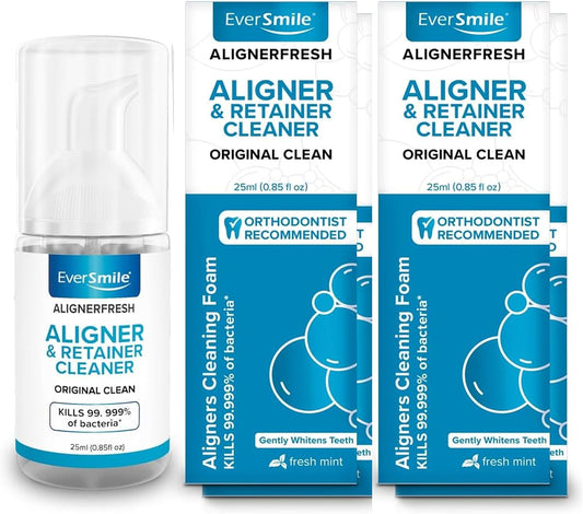 EverSmile AlignerFresh Original Clean Foam – Cleaner Compatible w/Invisalign and All Clear Aligners & Retainers – Eliminates Bacteria, Whitens Teeth, Fights Bad Breath – 25ml (4 Pack)