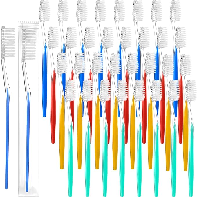 Patelai Disposable Toothbrushes Individually Wrapped Toothbrushes Medium Soft Bristle Tooth Brush Manual Disposable Travel Toothbrush Set for Adults Kids Travel Toiletries, 4 Colors (200 Pieces)