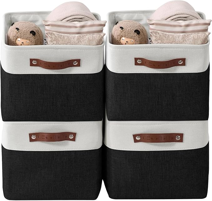 DECOMOMO Storage Bins Fabric Storage Baskets for Shelves, Linen Closet Organization Toys Nursery (Black and White, Large - 4 Pack)