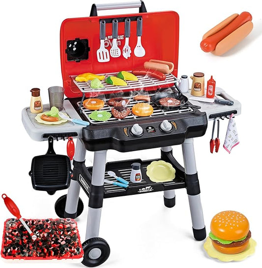 Kids Play Kitchen Toys, Kids BBQ Grill Playset with Smoke Sound Light, 2-Layer Barbecue Toy with Wheel, Outdoor Play Grill Toys for Toddlers 3-5, Play Food Toys Cooking Set, Birthday Gift for Boy Girl