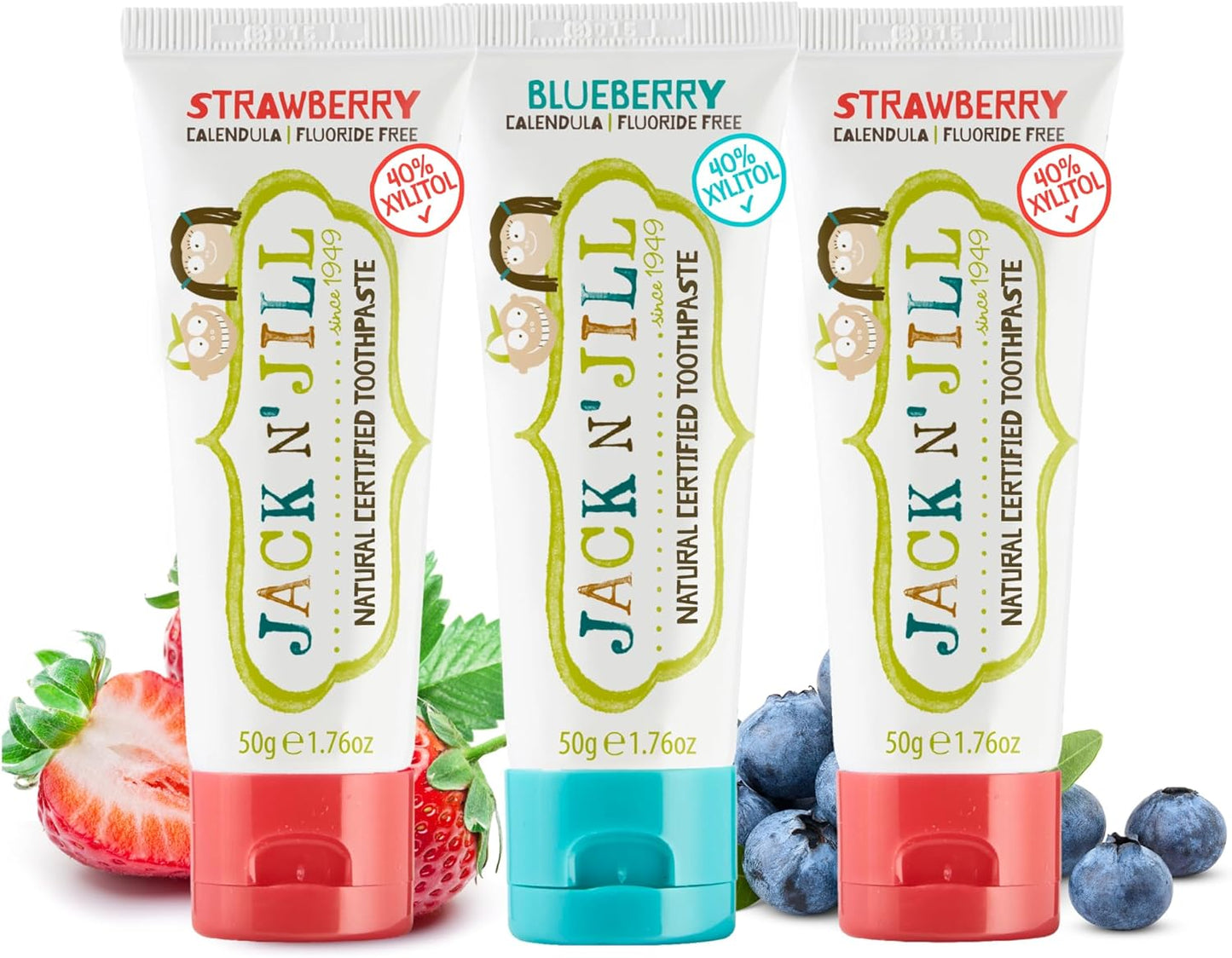 Jack N' Jill Natural Toothpaste for Baby and Infants - Fluoride Free Training Toothpaste, 40% Xylitol, BPA Free - Strawberry & Blueberry, 1.76 oz (Pack of 3)