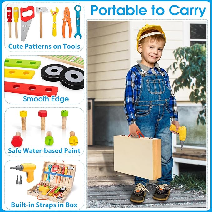 Kids Tool Set Toy with Drill, Stem Montessori Toys for 3 4 5 Years Old Boy Girl, 44 Pcs Wooden Toddler Tool Kits Inc Box, Learning Educational Construction Toy