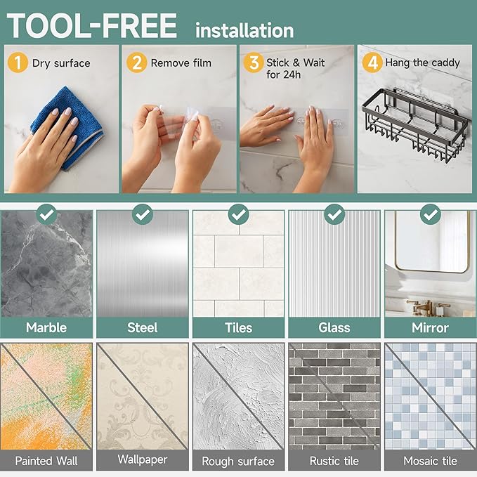 Veken Shower Caddy 6-Pack,Advanced Rustproof Design, No Drilling Adhesive Shelves, Rack with Soap Holder, Large Capacity Bathroom Organizers and Storage, Wall-Mounted Kitchen & Home Decor