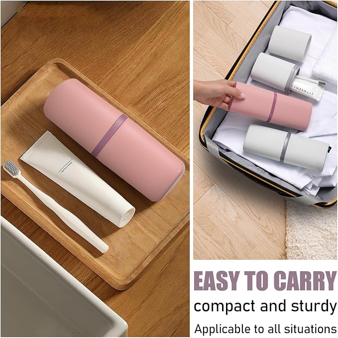 Huakaile 2 Pack Plastic Travel Toothbrush Holder, Portable Toothbrush Cup with Cover, Toothbrush Case Box Toothpaste Container for Storage Organizer Bathroom Camping (White, pink)