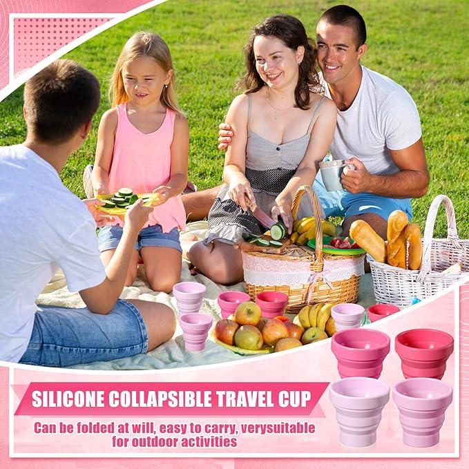 48 Pcs Silicone Collapsible Travel Cup Reusable Foldable Camping Cup Portable Expandable Drinking Mug for Traveling Outdoor Hiking (Pink Color)