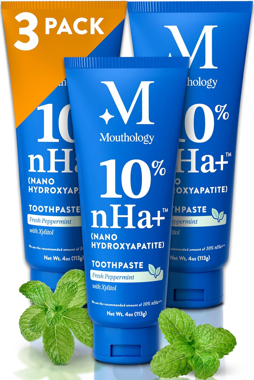 Mouthology 10% Nano Hydroxyapatite Toothpaste (3pk, Fluoride Free), Whitening*, Supports Enamel Care*, Appropriate for Sensitive Teeth*, SLS Free, Xylitol nHA Toothpaste Adults, Mint 4oz (USA Made)