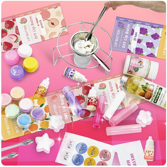 DIY Lip Balm Making Kit Teen Girl Gifts Trendy Stuff Make Your Own Lip Gloss Set with Natural Beeswax, Shea Butter,Sweet Almond Oil,24 PCS Lip Blam Containers