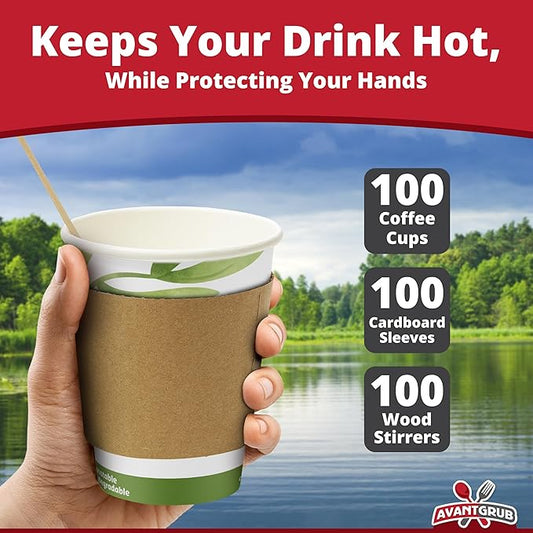 Recyclable Biodegradable Hot Drink Cups 12 Oz 100 Pk of Compostable Paper Mugs, Wood Stirrers and Cardboard Coffee Sleeves. Bulk 12oz Beverage Supplies Set Perfect for Eco Friendly Business or Cafe.