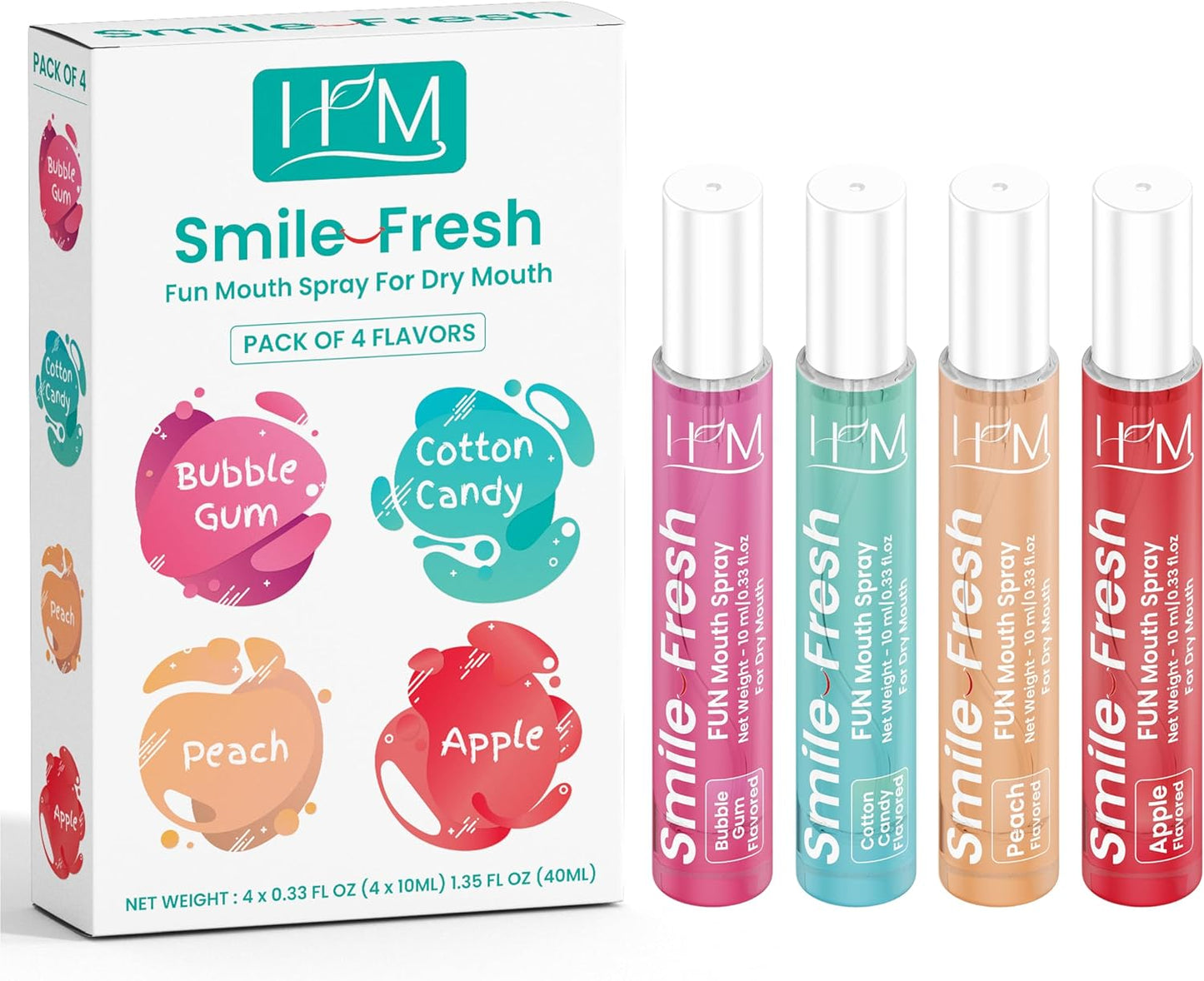 HM - Dry Mouth Fun 4 Flavoured Spray - Peach, Bubble Gum, Cotton Candy & Apple - Alcohol Free, Instantly Hydrate & Moisturize, Ph Balanced, Promotes Saliva Production & Soothes Pack of 4 x 0.33 oz