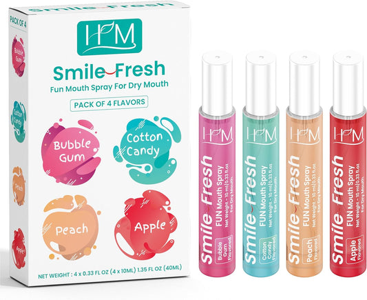 HM - Dry Mouth Fun 4 Flavoured Spray - Peach, Bubble Gum, Cotton Candy & Apple - Alcohol Free, Instantly Hydrate & Moisturize, Ph Balanced, Promotes Saliva Production & Soothes Pack of 4 x 0.33 oz