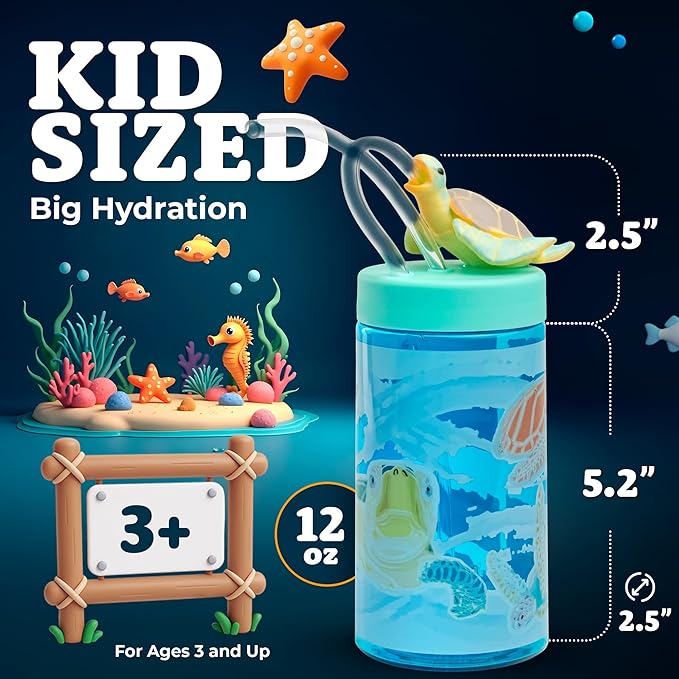 Kids Water Bottle, Toddler Cups, Tumbler with Lid and Straw, Travel Sippy Cup for Water or Milk, Kids Cups with Lids for Toddlers 3 and Up, BPA Free Plastic, 12 oz (Sealife Sea Turtle)