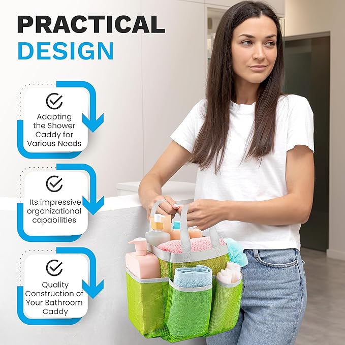 Handy Laundry Mesh Shower Caddy - 7 Pocket Portable Bathroom Organizer Tote for Travel, Gym & Dorm - Collapsible Small Shower Caddy Bag to Hold Toiletries & Essentials (Green)