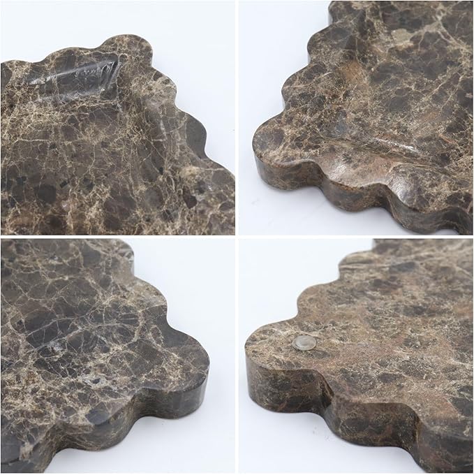 Square Marble Decorative Tray with Scalloped Edge, Luxury Natural Stone Bathroom Vanity Tray, Dresser Top Perfume Coffee Home Kitchen Sink Tray, Key Trinket Ring