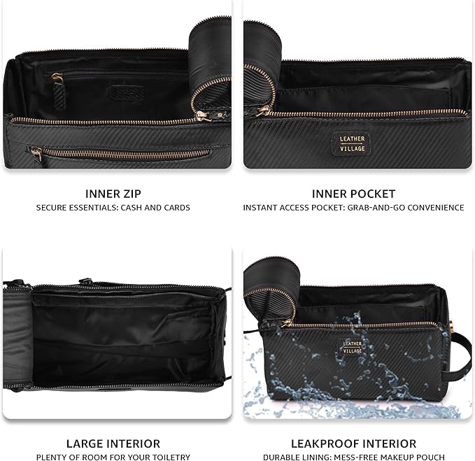 LEATHER VILLAGE Premium Carbon Fiber Genuine Leather Travel Toiletry Bag - Large Compact Dopp Kit, Water-Resistance Shaving & Cosmetic Organizer for Men & Women - Black