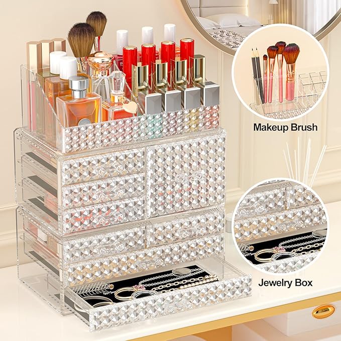 3 Pack Makeup Organizer Stackable[Upgraded], Acrylic Cosmetics Storage Cases with 8 Drawers Perfume Organizers For Brush Holder or Jewelry Display,Plus Size,Best For Vanity,Bathroom or Countertop