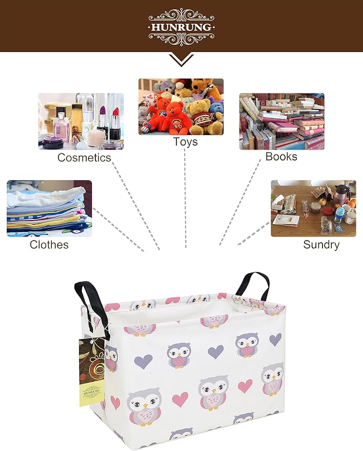 HUNRUNG Rectangle Storage Basket Cute Canvas Organizer Bin for Pet/Children Toys, Books, Clothes Perfect for Rooms/Playroom(Rec-Love Owl)