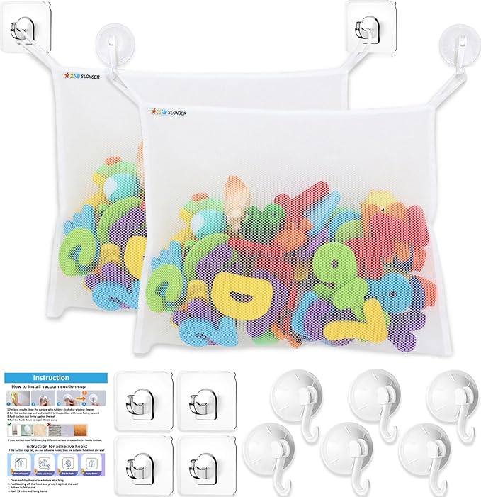2 x Bath Toy Net, Kids Bath Tub Toy Holder Basket, Corner Mesh Bag, Baby Bathtub Storage Organizer, Large Bathroom Bucket, Toddler Shower Caddy Hanging Bin with 6 Suction Cups, 4 Adhesive Wall Hooks