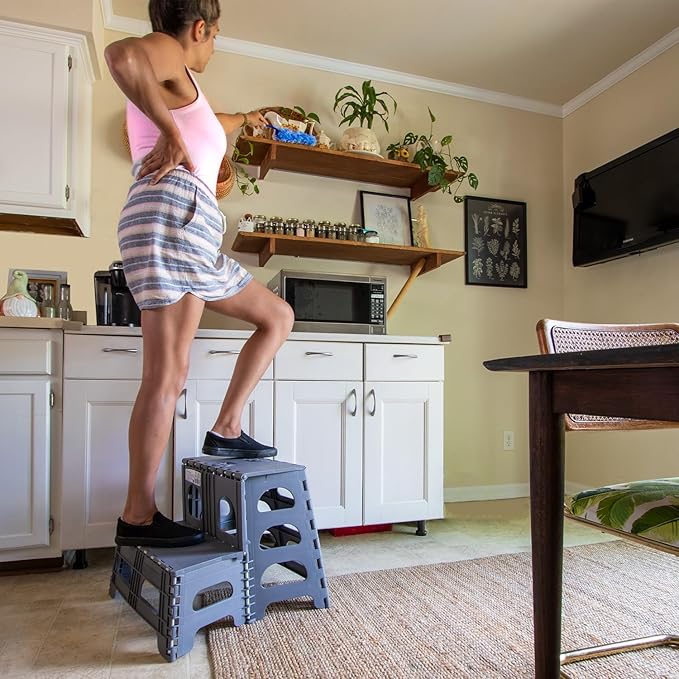 Bee Neat Folding 2 Step Stool for Adults, Kids, Toddlers - Collapsible & Foldable Step Ladder for Kitchen, Bathroom or Bedroom - Non-Slip & Wide Stepping Stool Supports 200lbs - Gray